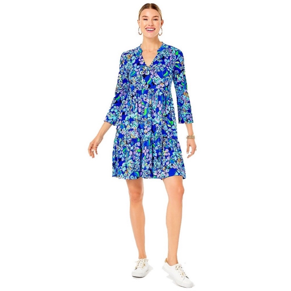 đź’™Lilly Pulitzer Alaina 3/4 Sleeve Tiered Swing Dress Blue Grotto Twilight Tropic - Picture 15 of 15